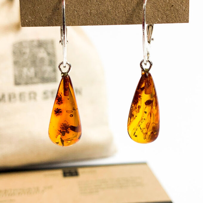 teardrop amber earings in cognac colour