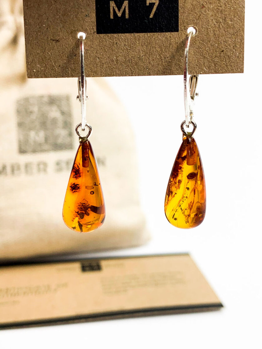 teardrop amber earings in cognac colour