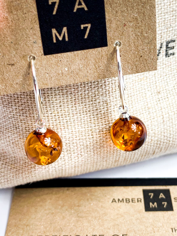 Cognac Amber Sphere Earrings | Cognac Baltic Amber Dangle earrings