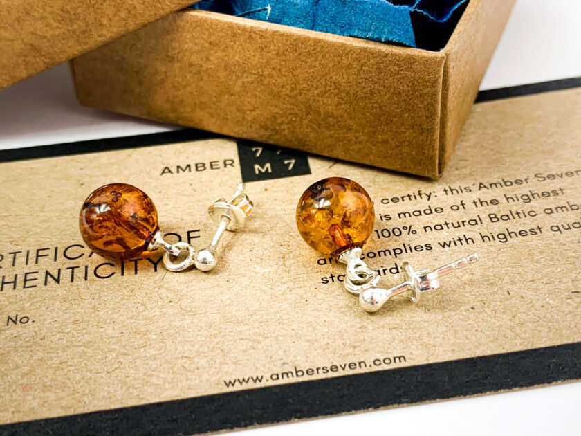 silver earrings with amber